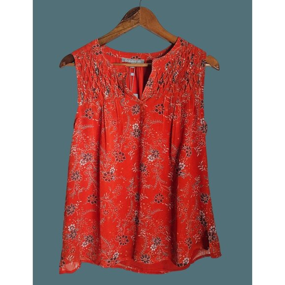 2/$35 Daniel Rainn Orange Floral Sleeveless Lined Blouse Pleated Neckline Small - Picture 2 of 9